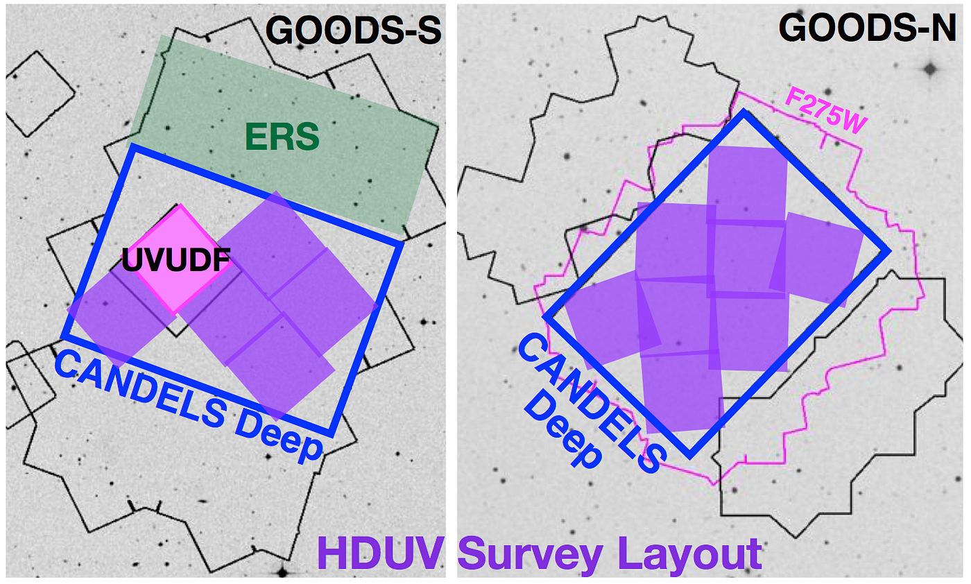 Le aree coperte dai due campi GOODS-S e GOODS-N, rispettivamente nella costellazione della Fornace e in quella dell’Orsa Maggiore (P. A. Oesch et al 2018 ApJS 237 12)