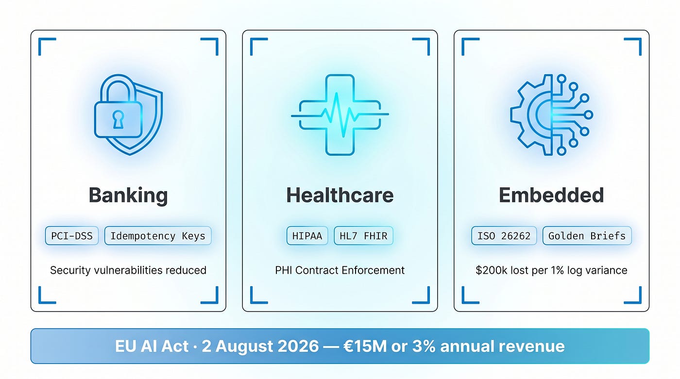 SDD 2.0 the enterprise default where auditability is the product. Drivers: PCI-DSS, HIPAA, ISO 26262 — and the EU AI Act, August 2, 2026.