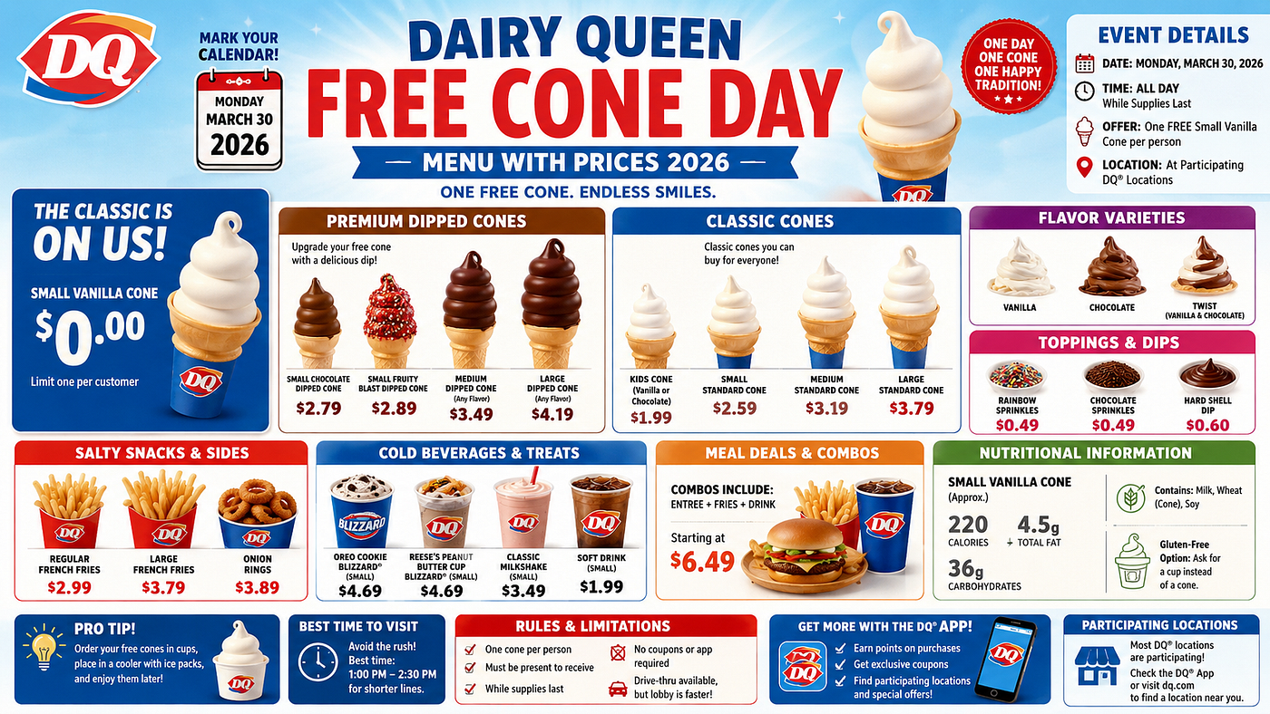 Dairy Queen Free Cone Day Menu With Prices 2026