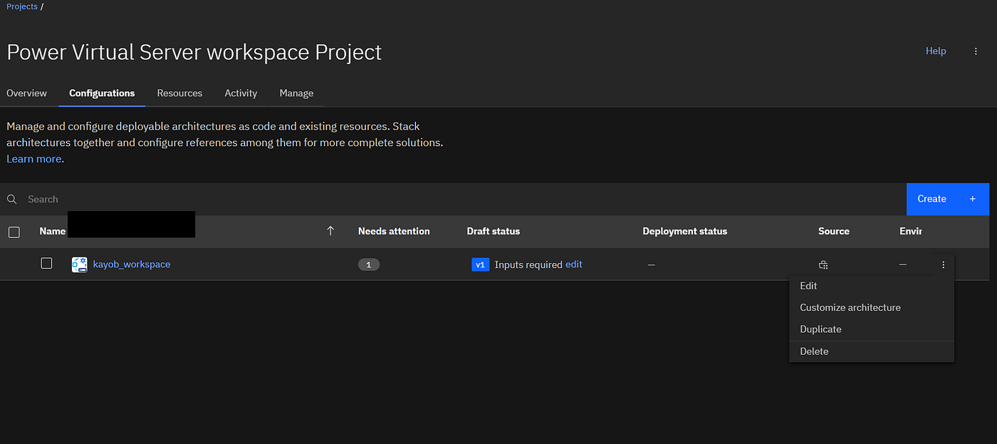 PowerVS workspace project view in IBM Cloud console showing configuration status