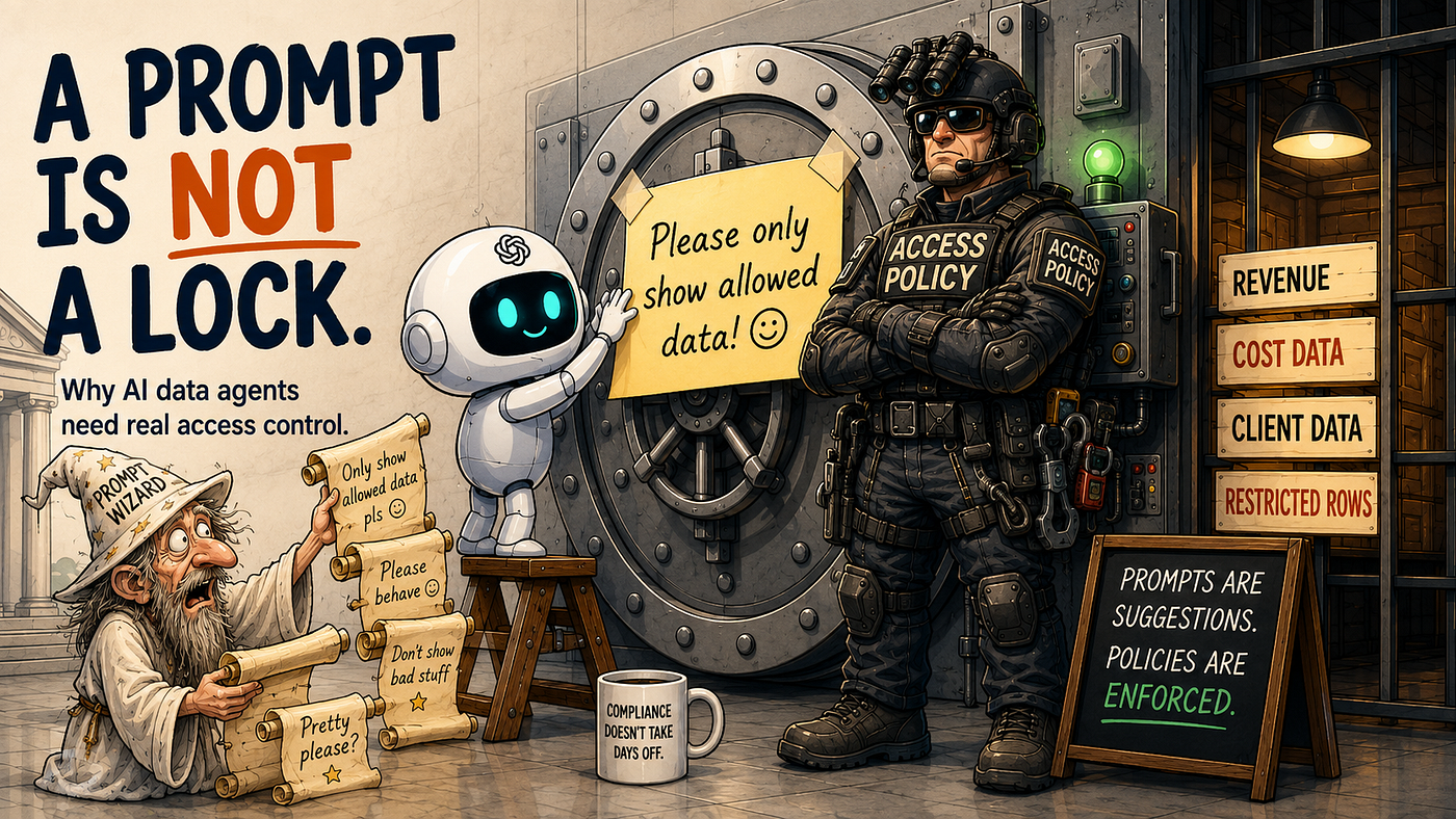 A prompt is NOT a lock — why AI data agents need real access control. A cartoon: a “prompt wizard” and a friendly AI robot politely ask a bank vault to “only show allowed data” with sticky notes and scrolls, while a heavily-armored guard labeled ACCESS POLICY stands firm in front of signs for Revenue, Cost data, Client data, and Restricted rows. A chalkboard reads: prompts are suggestions, policies are enforced.