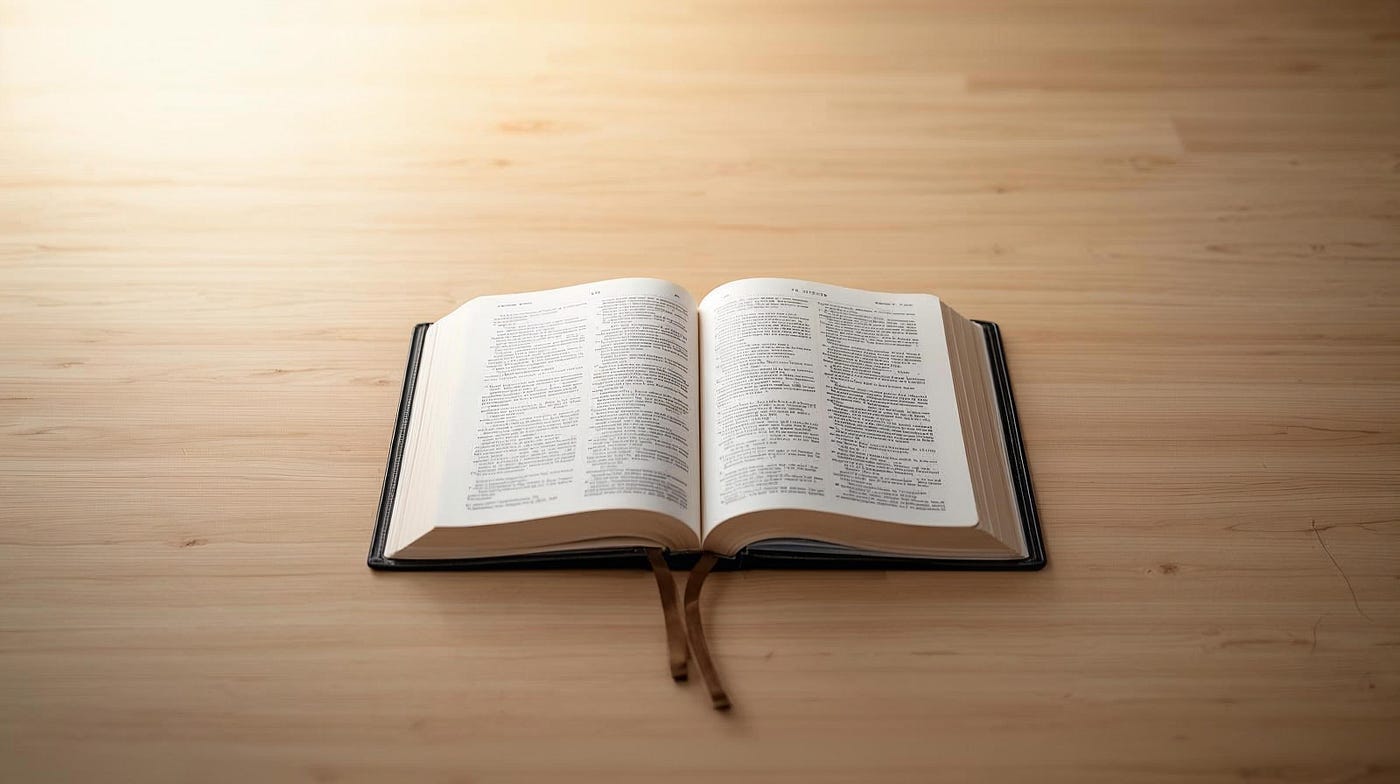 An opened bible on a table in a well lit room