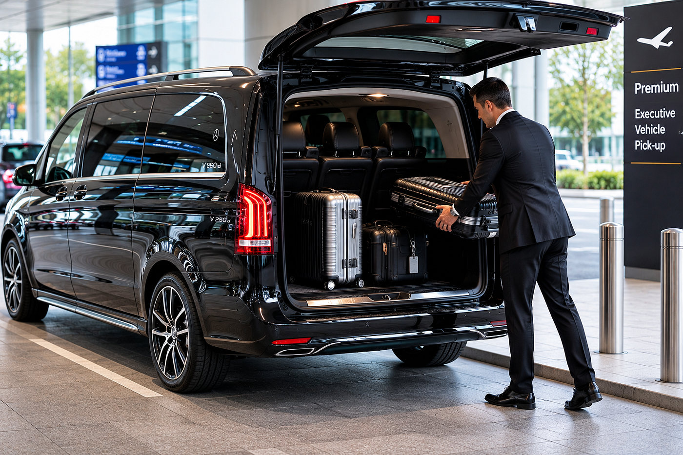 A driver in a V Class Merc picking up a family returning from overseas
