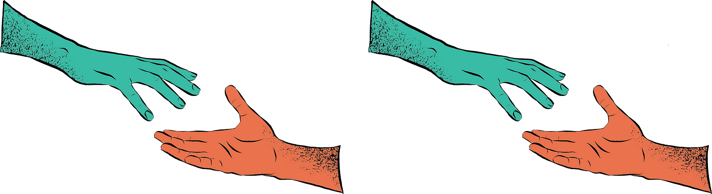 Two hands reaching for each other; one is green and one is orange. Graphic is repeated once for a total of two sets of hands. Hand-drawn graphic
