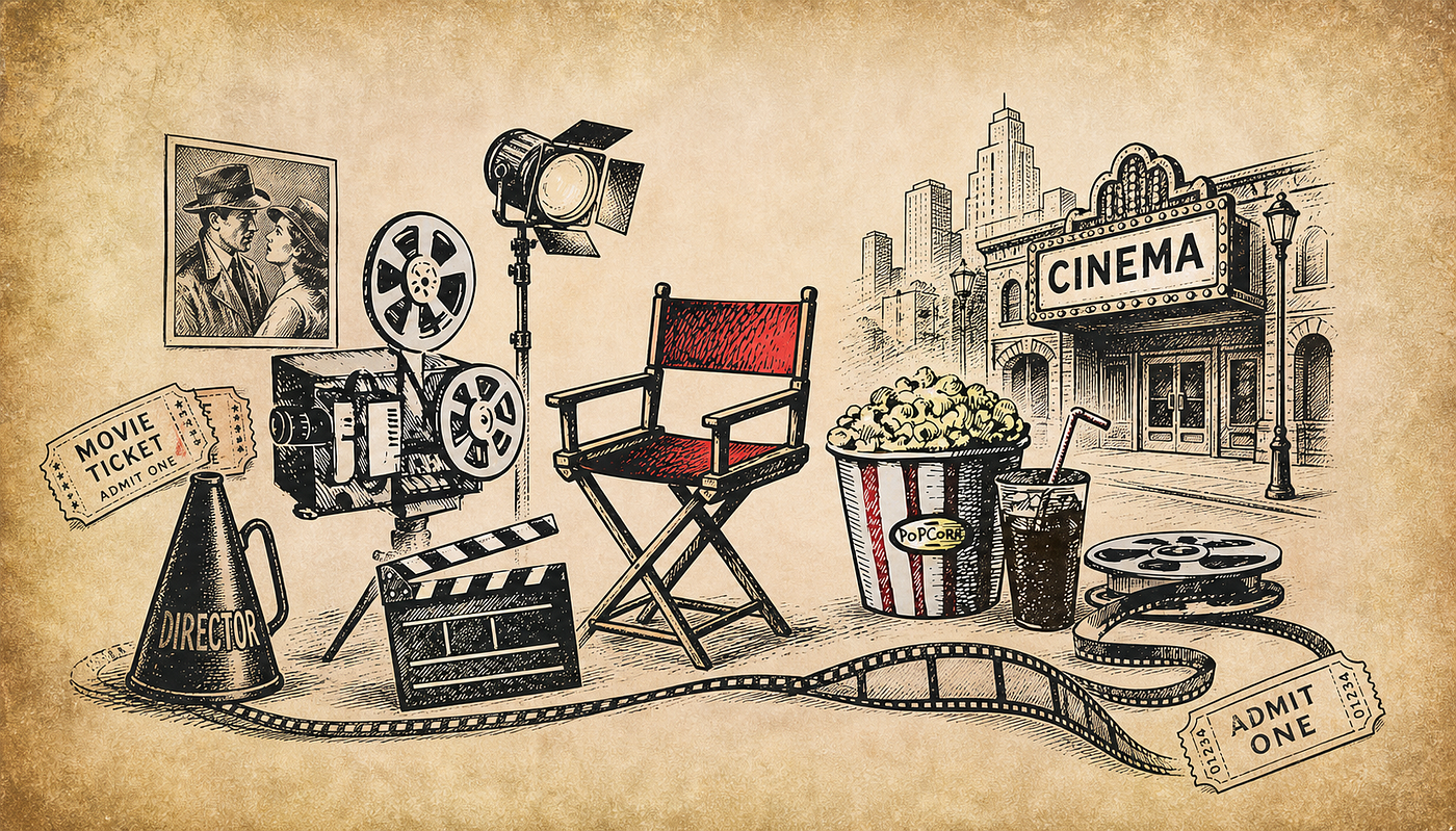 A caricature of golden age of cinema; AI-generated.
