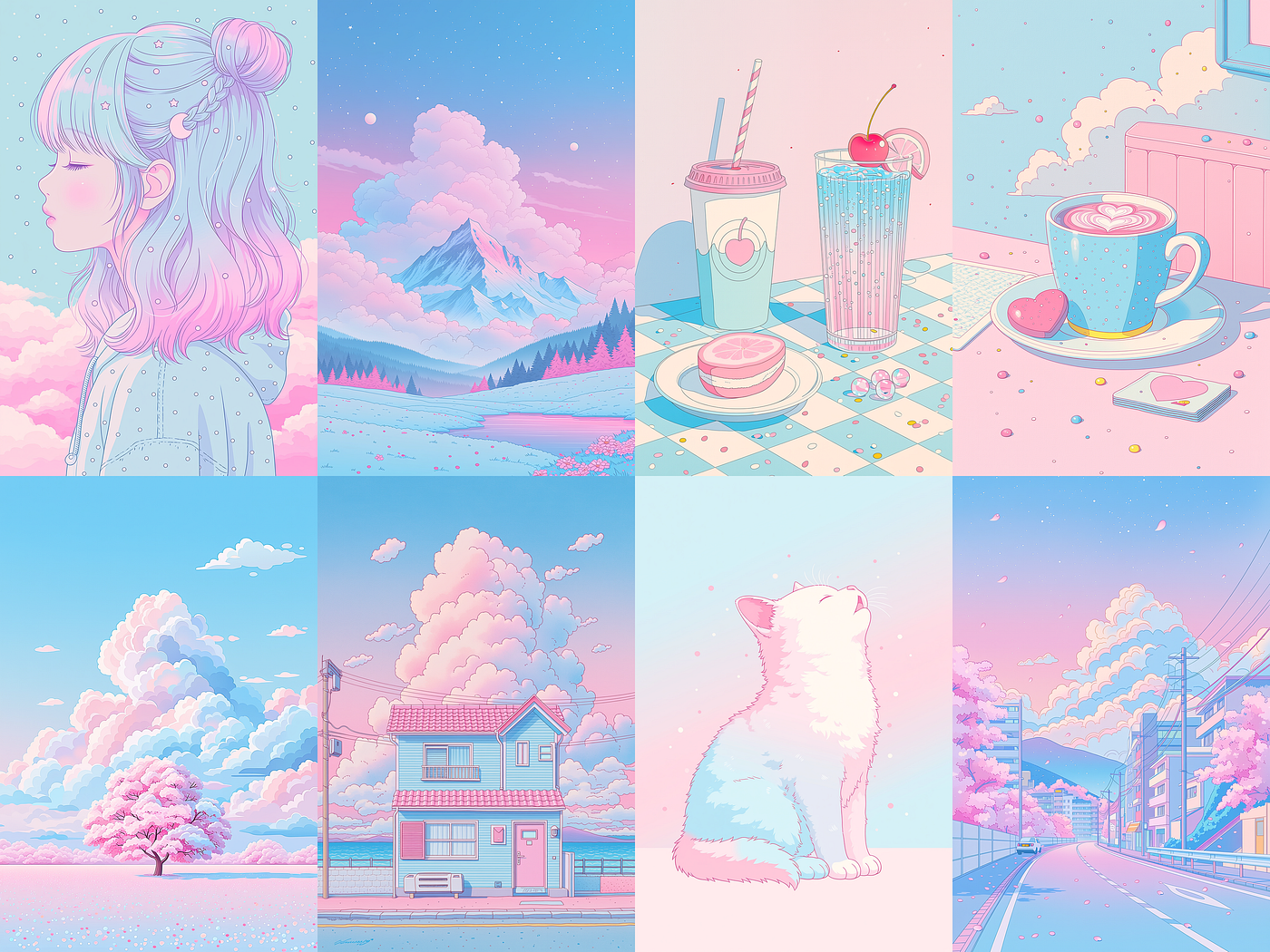 a collage using the 8 text prompts from the style explorer (“portrait”, “landscape”, “still life”, “hot cup of coffee”, “tree”, “house”, “animal”, and “street scene”) with the profile code: vnhyso7 and the Niji 7 model