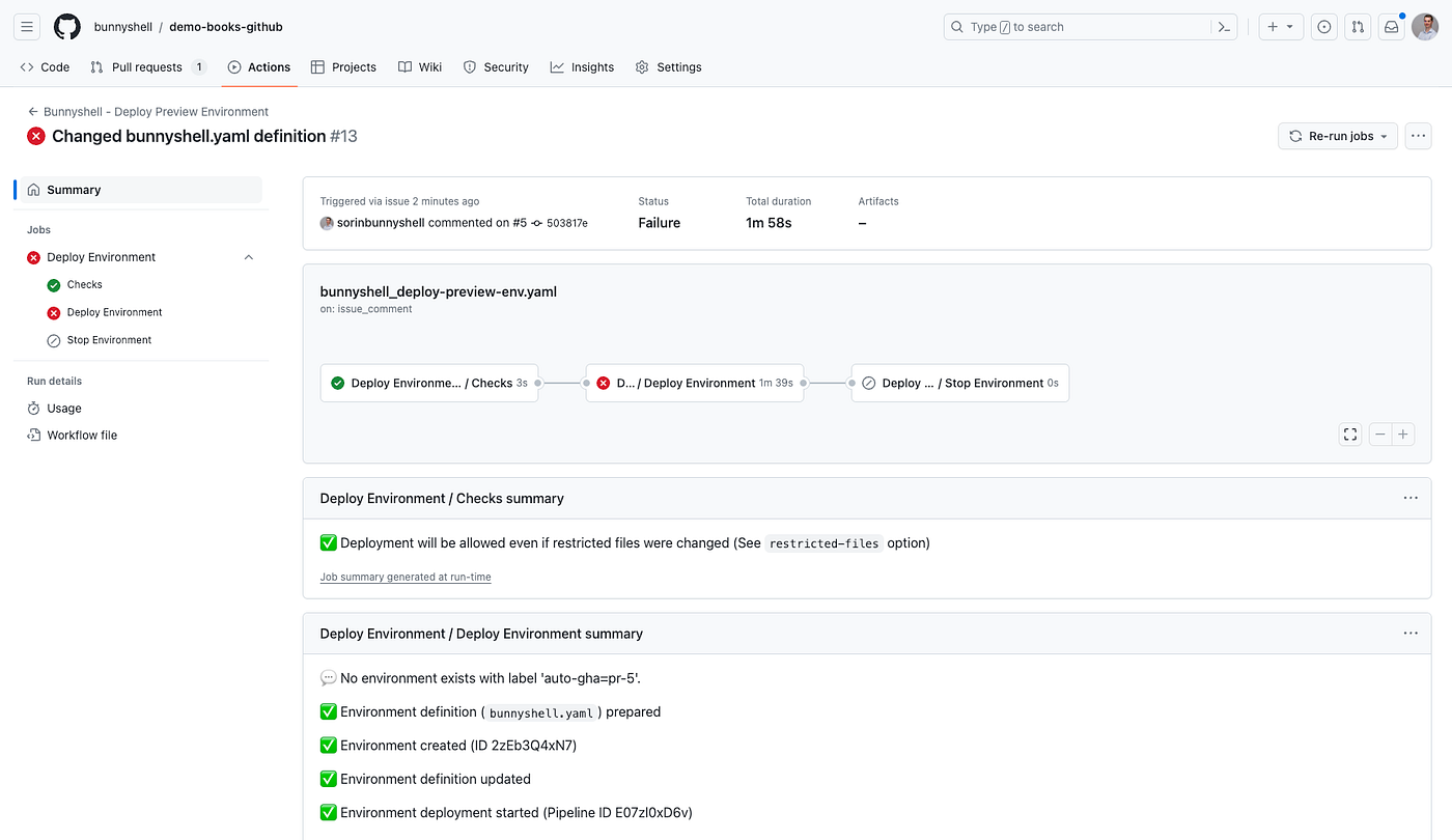 GitHub Pull Request comment + Bunnyshell environment details
