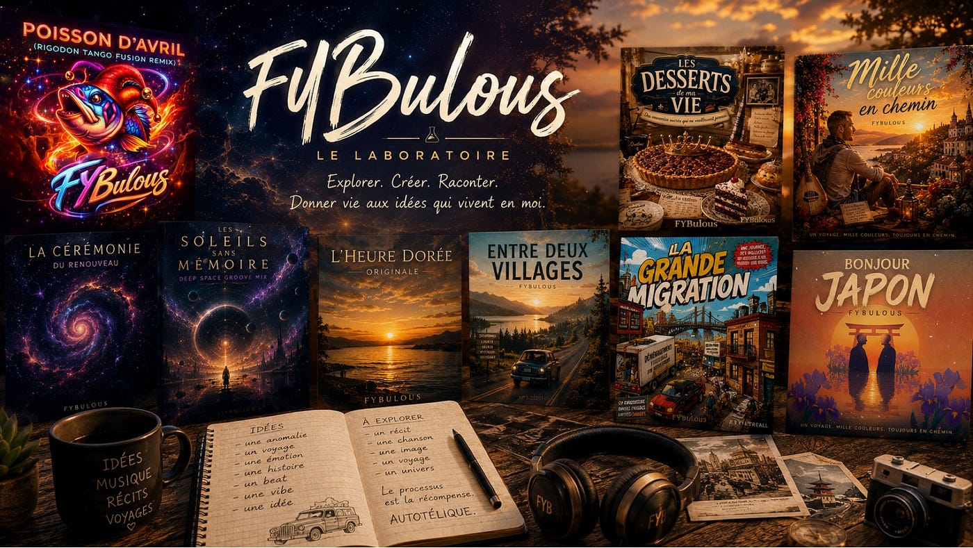 Bannière panoramique présentant un collage de plusieurs pochettes d’albums de FYBulous autour du logo « FYBulous — Le Laboratoire ». Au premier plan se trouvent un carnet ouvert rempli de notes, une tasse, un casque d’écoute, un appareil photo et quelques photos imprimées. L’ensemble est posé sur une table dans une ambiance chaleureuse, avec un coucher de soleil et un ciel étoilé en arrière-plan.