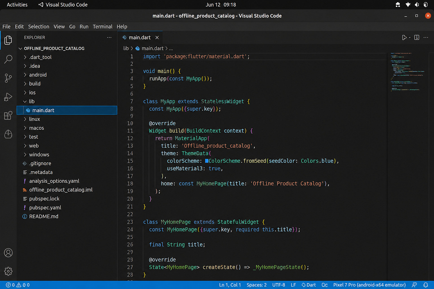 Screenshot: Opening lib/main.dart inside the offline_product_catalog Flutter project in Visual Studio Code.