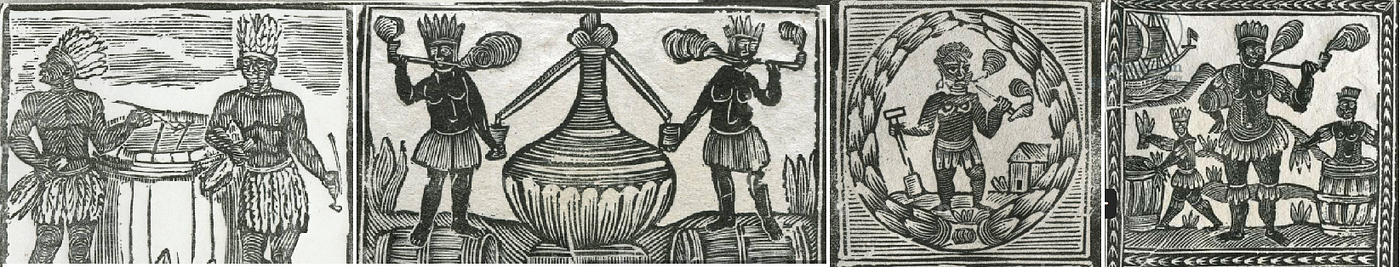 Americans also used Black indigenous in headdress as symbols. Woodcut tobacco labels. English School, circa 1700s. Virginia Historical Society.