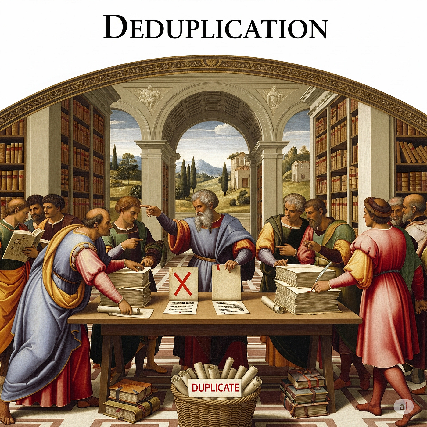 AI generated image of deduplication in Renaissance Italy.