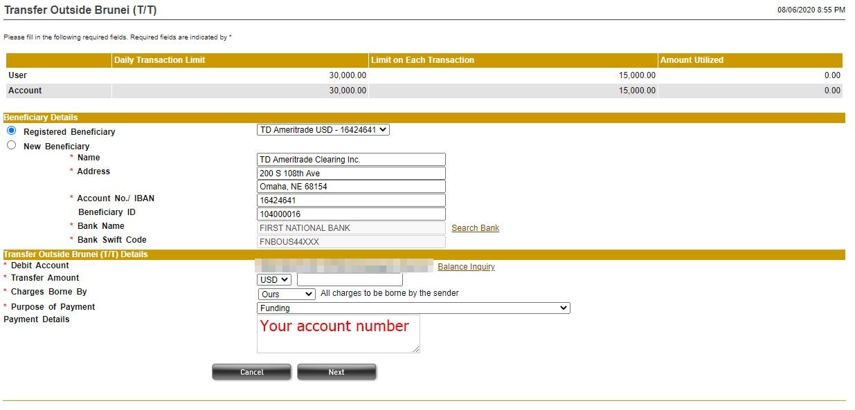 Funding your TD Ameritrade Account using BIBD Telegraphic Transfer | by  Syahnur Nizam | Medium