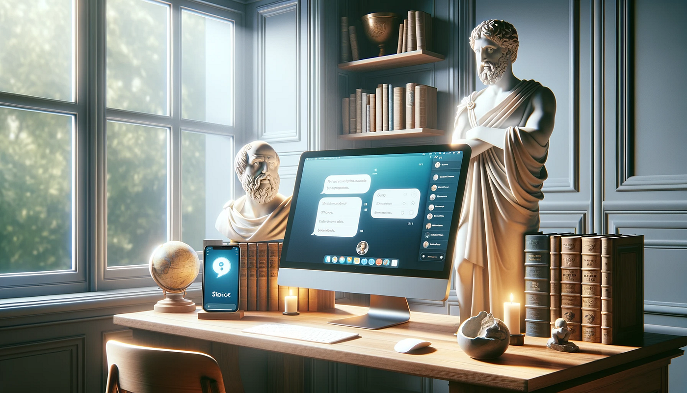 DALL-E a blend of ancient Stoic philosophy with the modernity of AI technology.