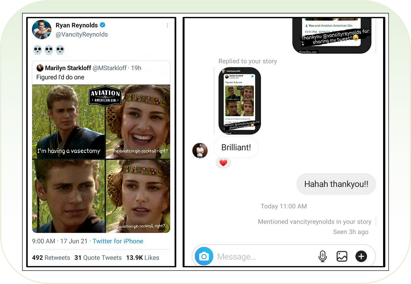 When Starkloff uses a Star Wars-themed meme to promote Aviation Gin and it goes viral, Reynolds direct messages her (DMs) to tell her it’s brilliant