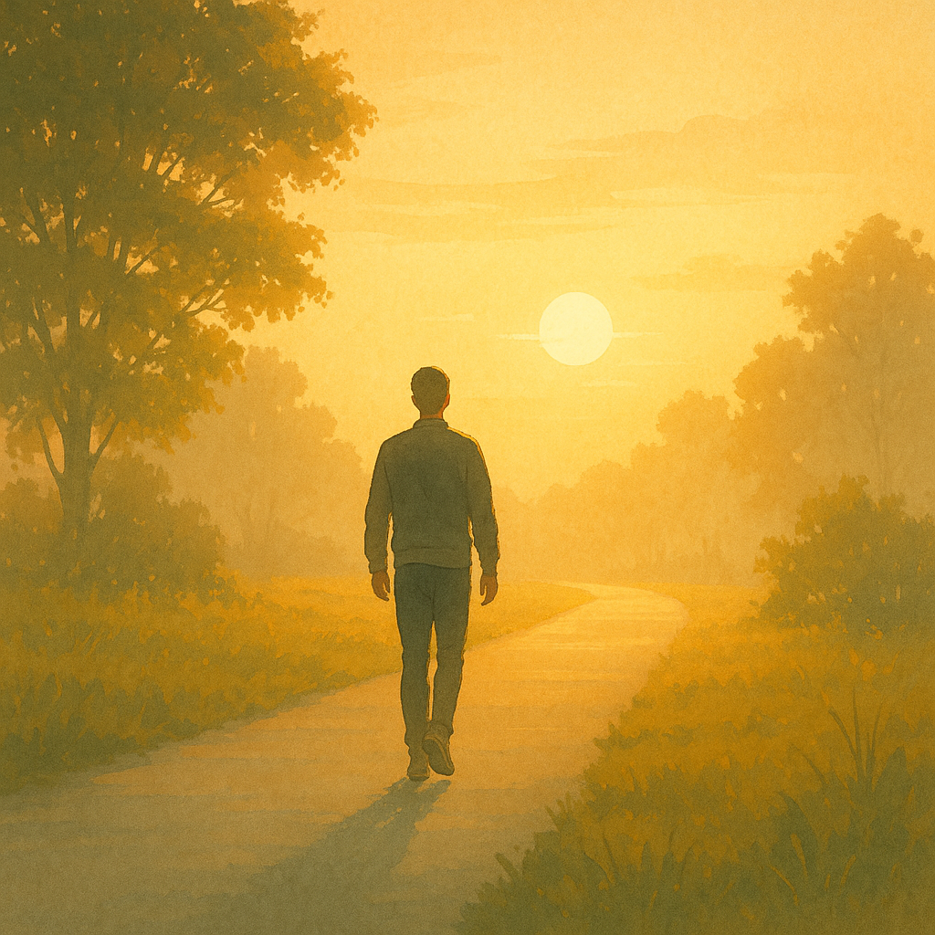 일출 무렵 조용한 아침 길을 혼자 걷는 사람, 나무 사이로 따뜻한 빛이 스며드는 모습. 부드러운 아침 움직임을 통해 생체 리듬이 활성화되는 것을 상징합니다.<BR>