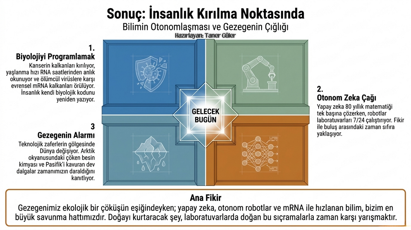 25–31 Mayıs 2026 haftası, insanlığın biyolojik, fiziksel ve çevresel sınırları aşma konusundaki kararlılığını simgeleyen gelişmelere sahne olmuştur. Kanserle mücadelede tümörün kalkanını kıran biyokimyasal yaklaşımlar, yapay zekanın teorik matematikteki otonom zaferleri ve laboratuvarların robotikleşmesi, bilimsel metodolojinin bir dönüşüm içinde olduğunu göstermektedir. Ancak, Arktik Okyanusu’ndaki nitrat kaybı gibi ekolojik “eşiklerin” aşılması ve El Niño gibi küresel iklim olaylarının sinyalleri, teknolojik ilerlemenin çevresel gerçeklerle eşgüdümlü olarak yönetilmesi gerektiğini hatırlatmaktadır.