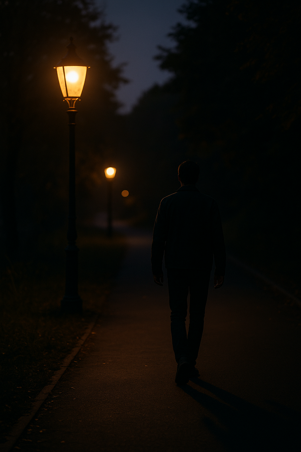 황혼 무렵, 가로등 불빛이 부드러운 황금빛으로 어둠
속에서 빛나는 길을 따라 혼자 걷는 사람은 스트레스를 줄이고 일주기 리듬 전환을 돕는 저녁 산책을 상징합니다.<BR>