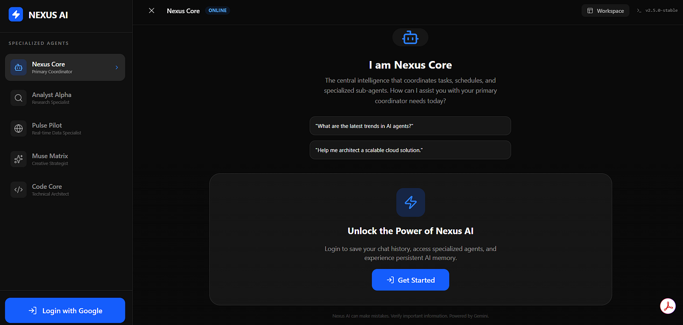 Nexus AI interface demonstrating how multiple AI agents collaborate in real-time to process queries and generate structured outputs.