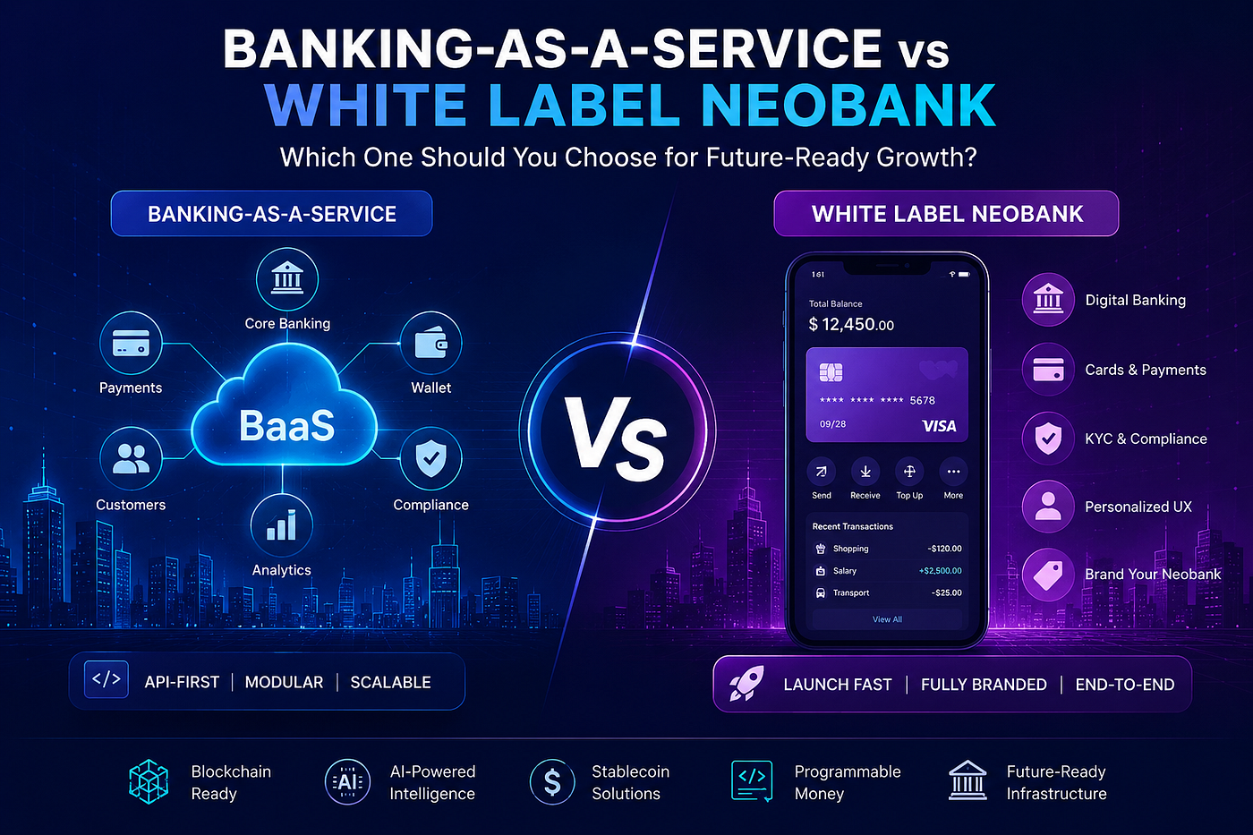 Banking-as-a-Service vs White Label Neobank comparison infographic highlighting modular fintech infrastructure, digital banking ecosystems, and future-ready financial technology models.