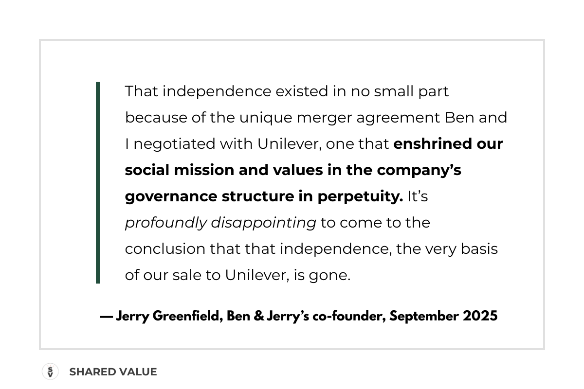 Quote block graphic featuring Jerry Greenfield’s statement from his September 2025 resignation letter. The text emphasizes how Ben & Jerry’s merger agreement with Unilever was meant to enshrine their social mission and governance structure in perpetuity, but that independence has now been lost.