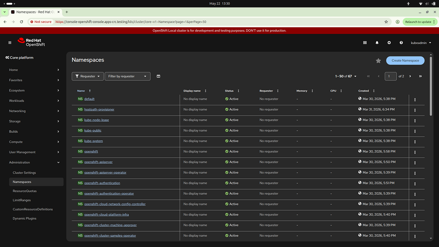 Viewing the cluster namespace hierarchy within the administrative control panel.