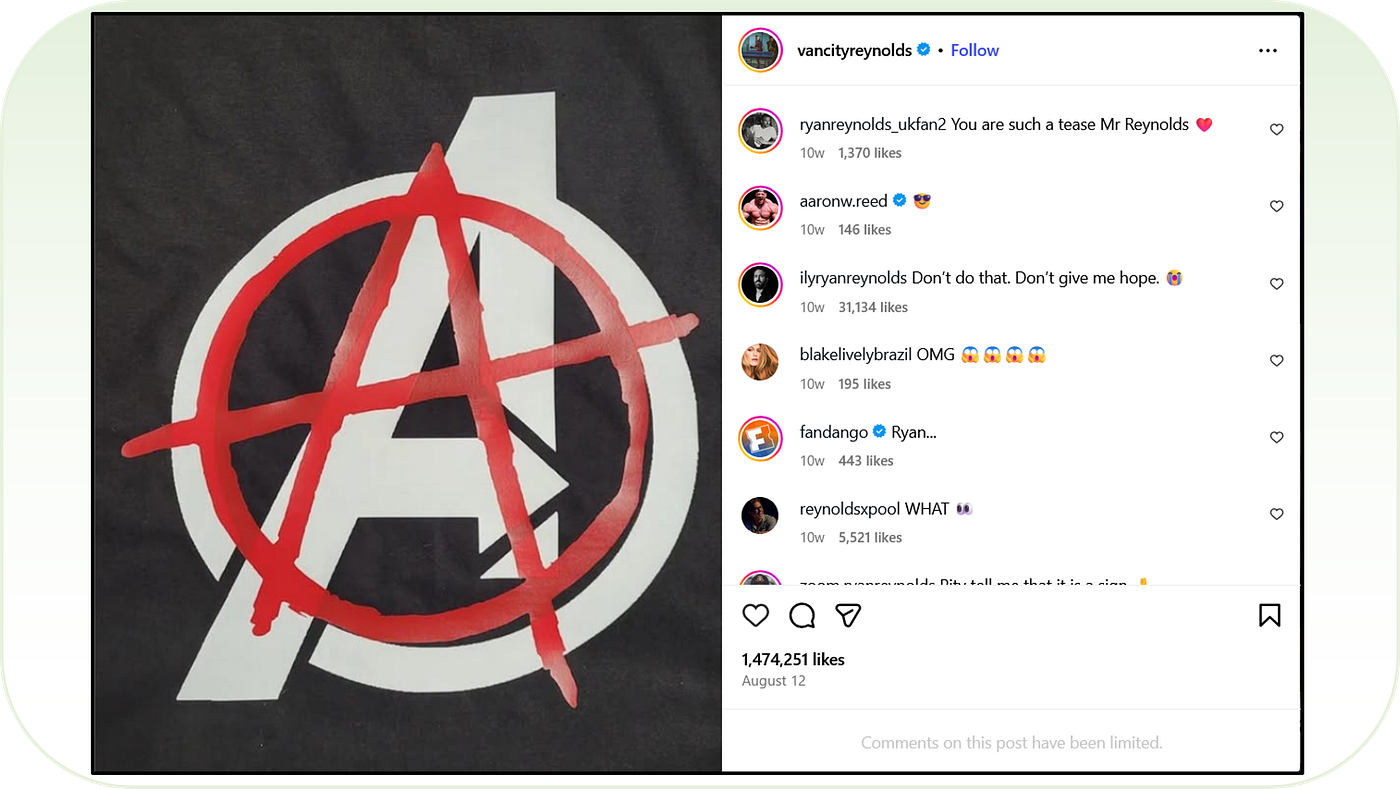 Reynolds’ reposted an image to suggest his Deadpool character would be featured in the upcoming Avengers film