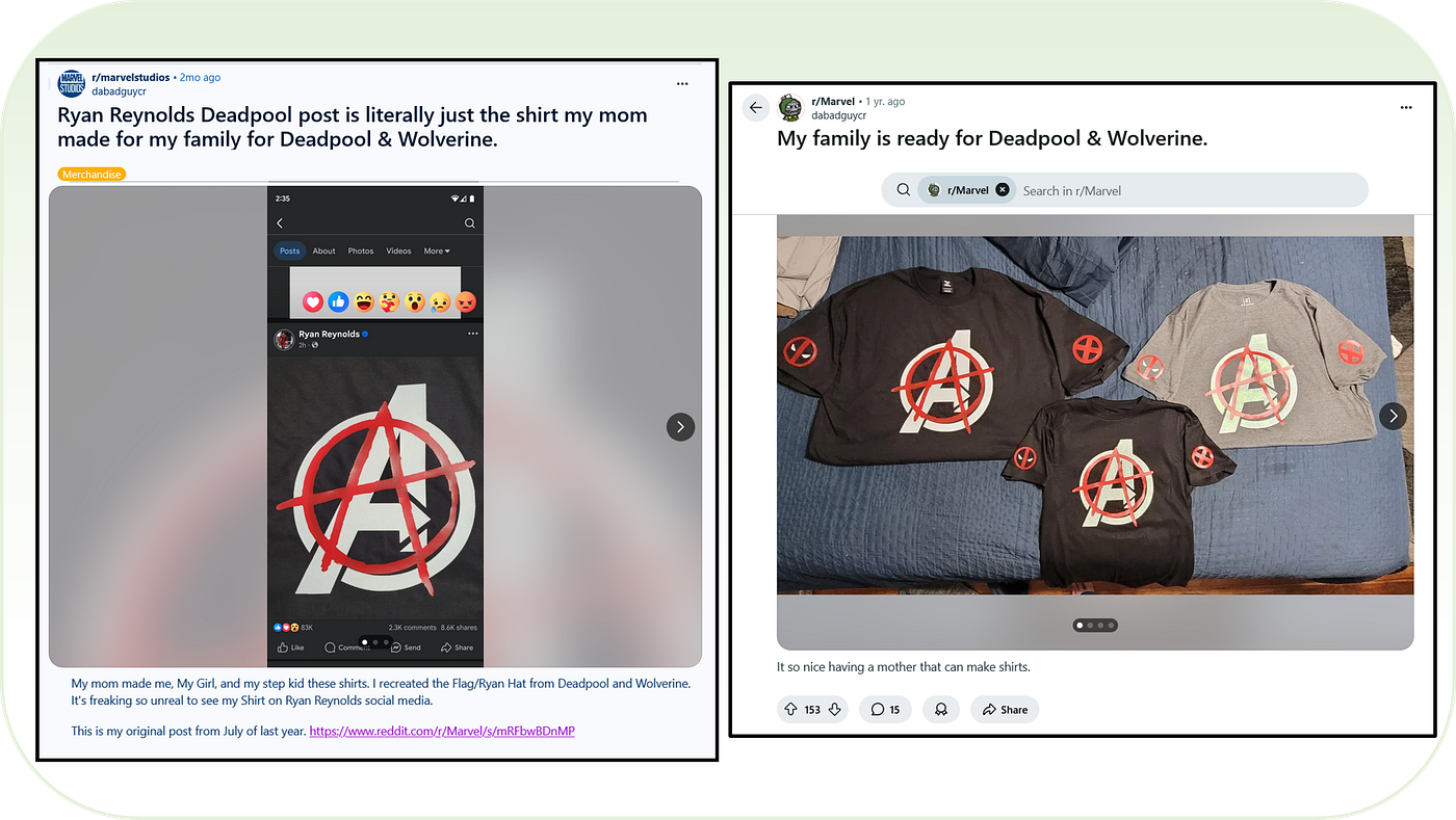 A fan recognizes Reynolds’ post as the t-shirts their mother made for them during Deadpool & Wolverine