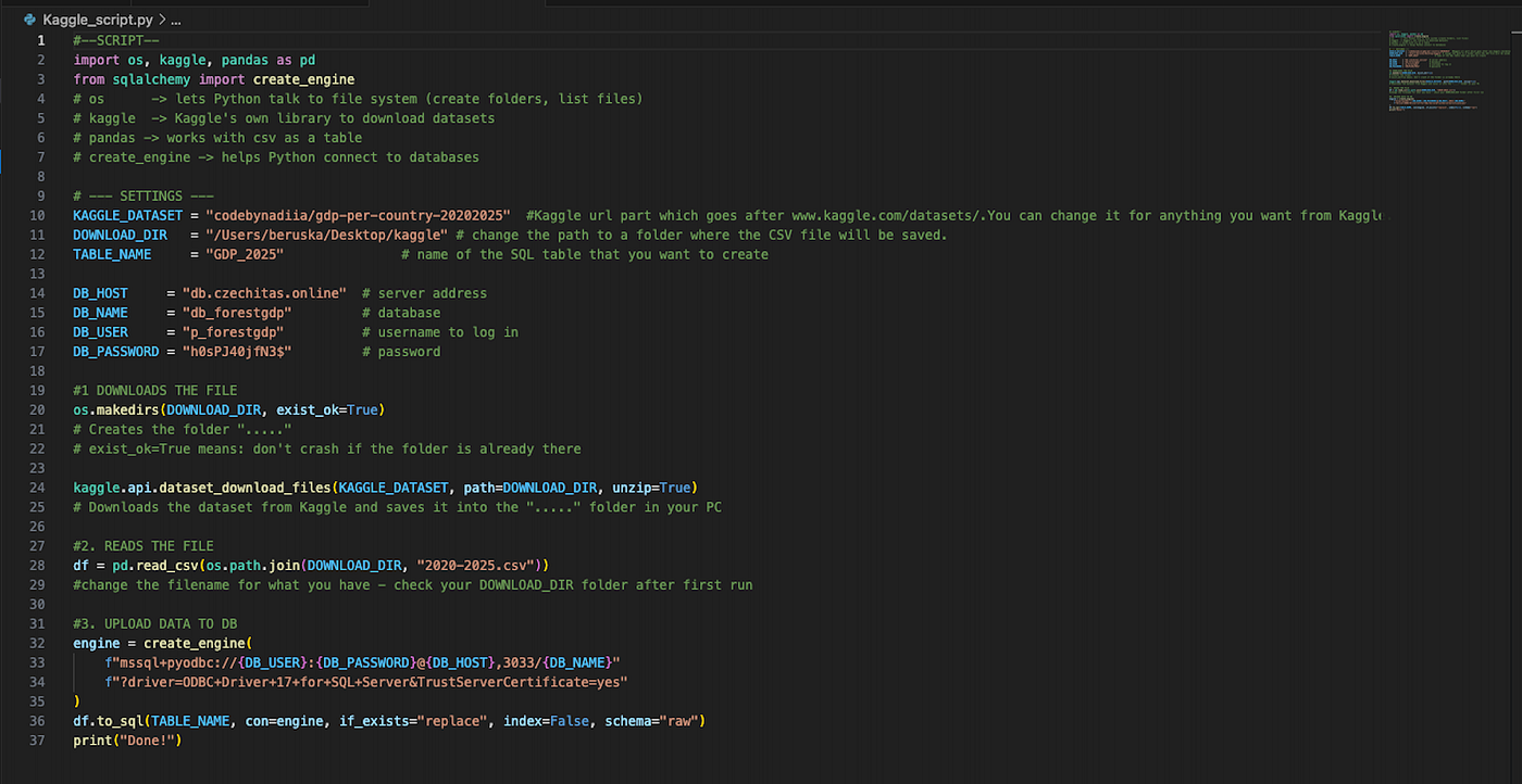 Python skript pro automatické stahování datasetů z Kaggle přes API a jejich nahrání přímo do databáze.