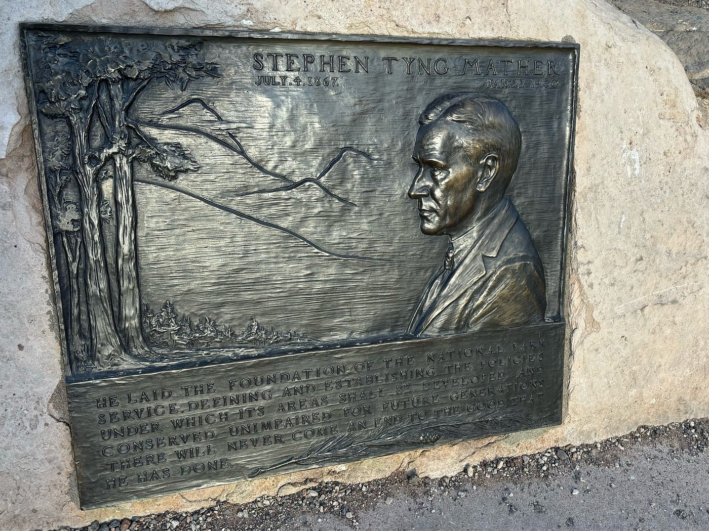 Mather Point is named for Stephen Mather, who persuaded Congress to create the National Park Service in 1916. Mather Lodge at our Arkansas State Park, Petit Jean State Park, is also named for him. He was the first director of the National Park Service. This is his recognition at Mather Point.