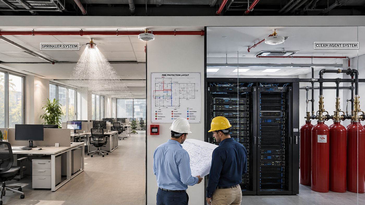 A modern commercial building showcasing two integrated fire protection zones, with a clean agent system protecting a server room and a sprinkler system safeguarding office and public areas. Engineers review coordinated fire safety layouts and building service plans during project execution.