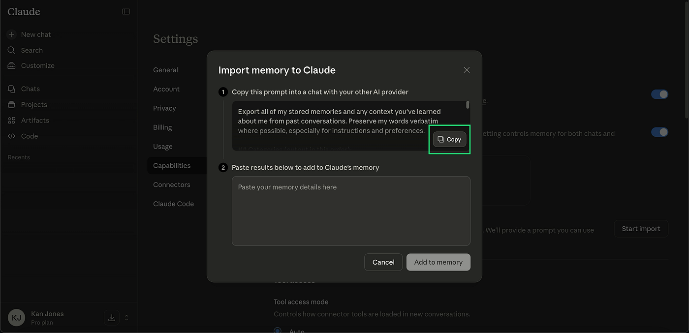 Claude responding with accurate personal context after memory import