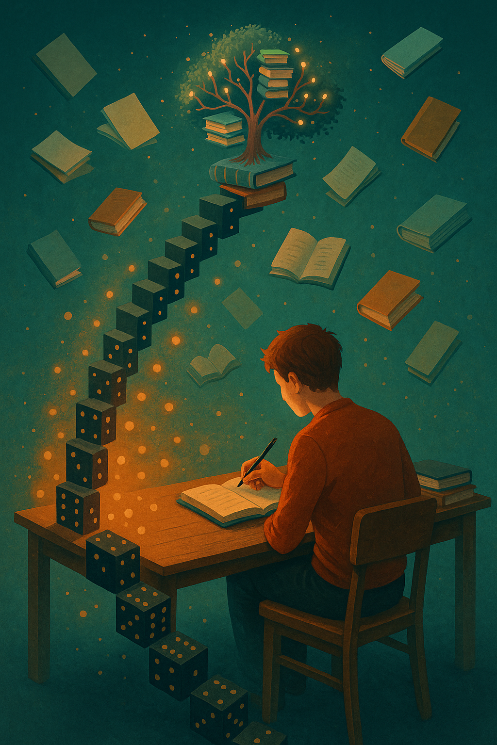 책상에 앉아 글을 쓰는 사람의 초현실적인 그림. 빛나는 도미노가 위로 떠올라 책과 가지가 뻗은 신경 세포로 이루어진 나무로 변하는 모습.
