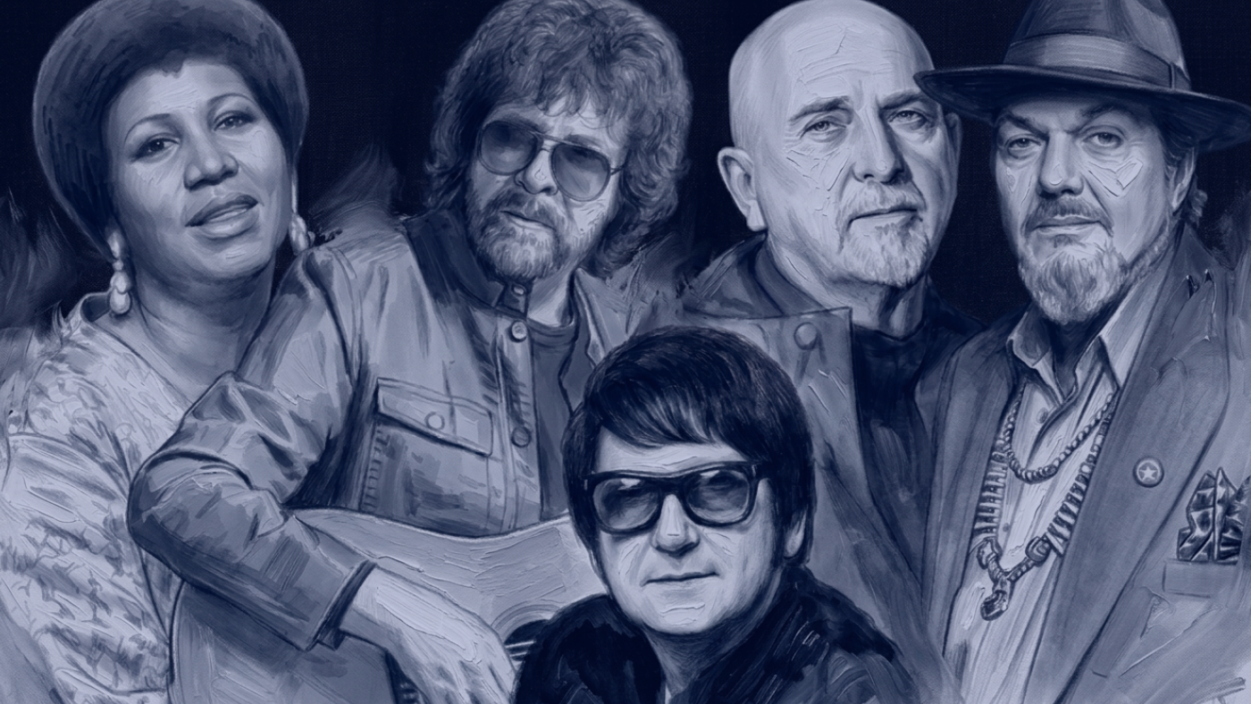 Aretha Franklin, Jeff Lynne, Roy Orbison, Peter Gabriel, Dr John. Image created in Canva using AI