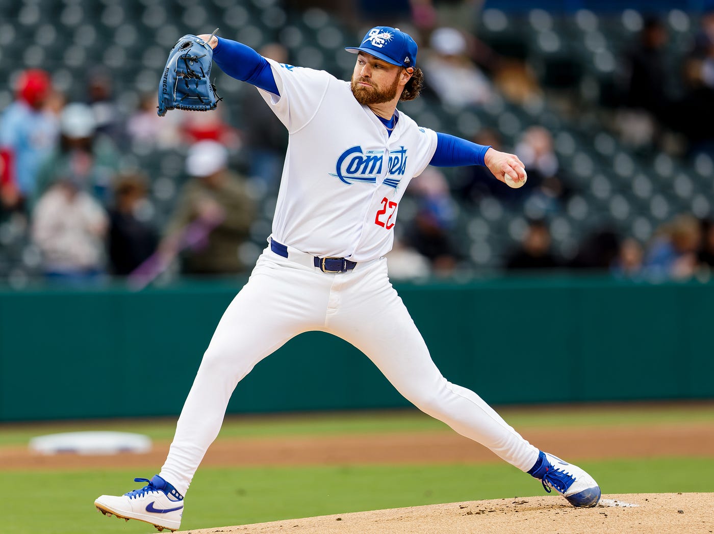 Logan Allen pitching for the OKC Comets (Eddie Kelly).