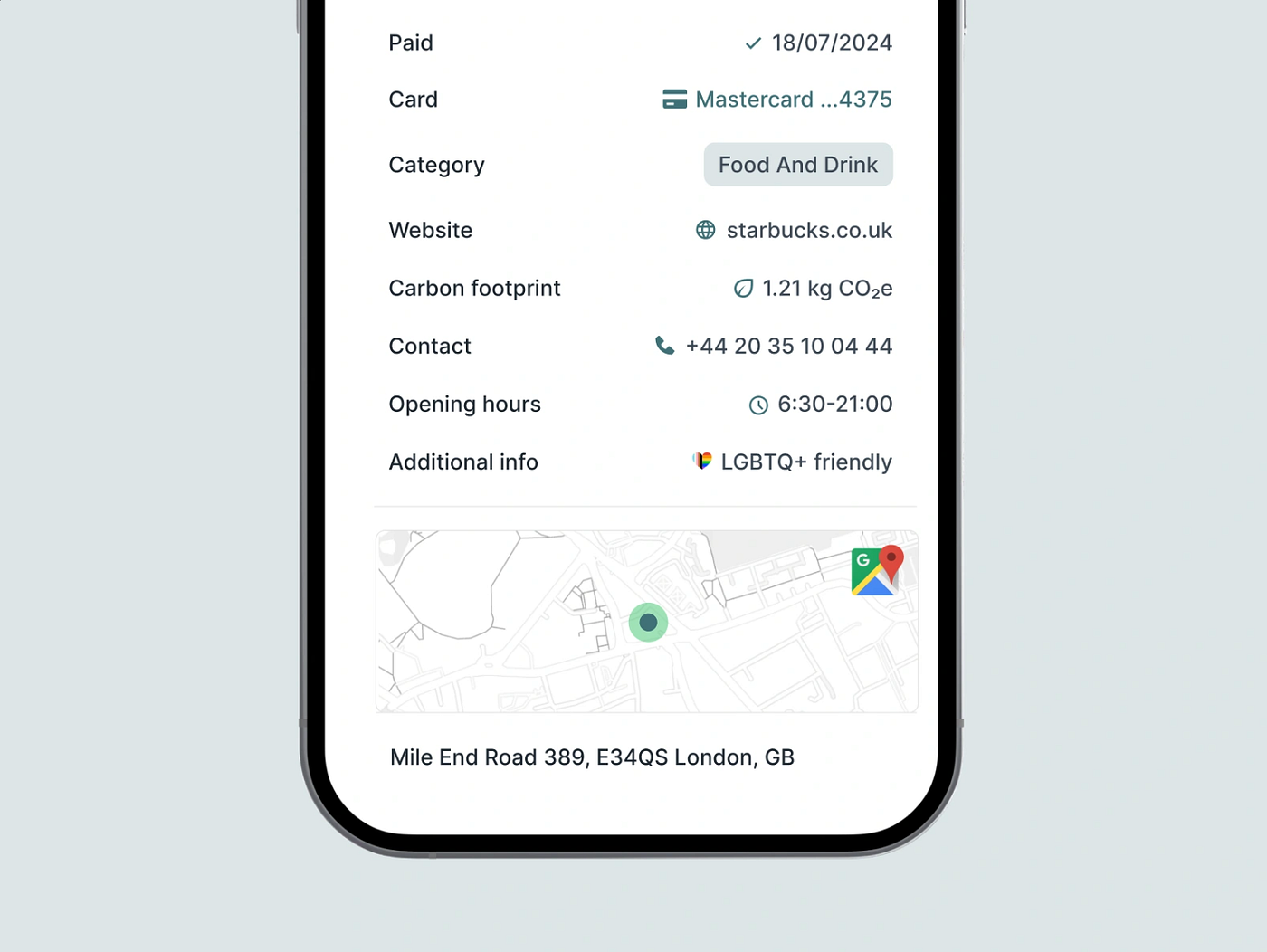 Enriched transaction detail view in a banking app (Tapix)