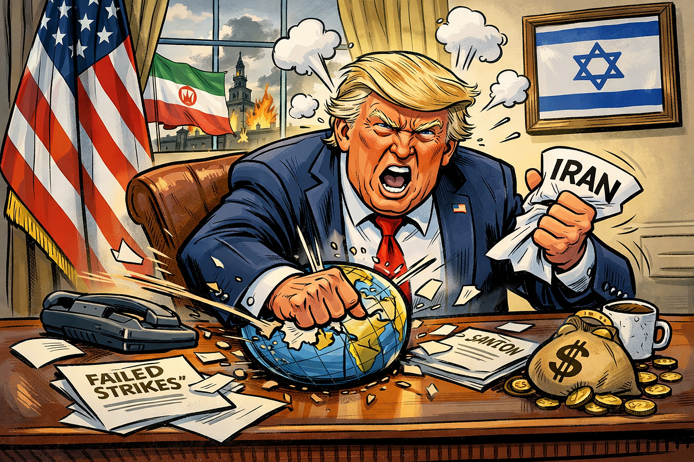 AI-generated image. Trump’s fury at Tehran’s funeral — an Oval Office of frustration, shattered power, and fading petrodollar glory.