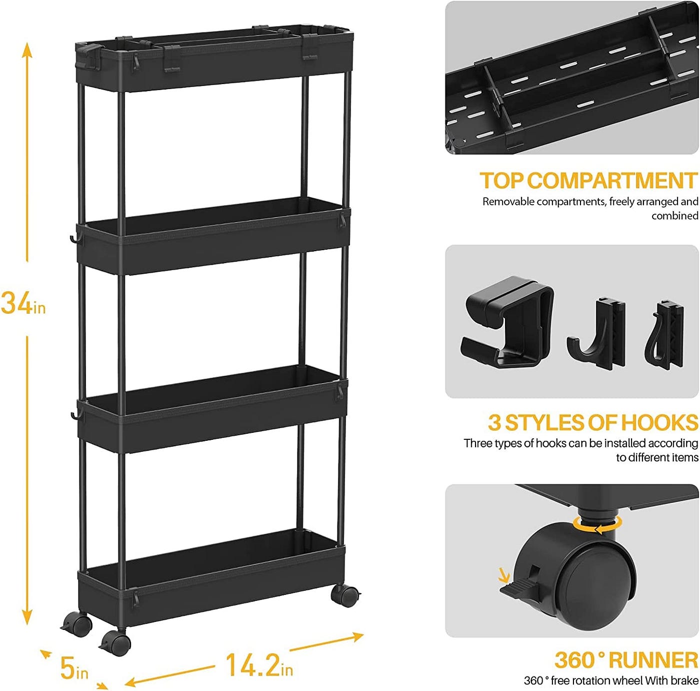 SPACELEAD Slim Storage Cart,3 Tier Bathroom Rolling Utility Cart