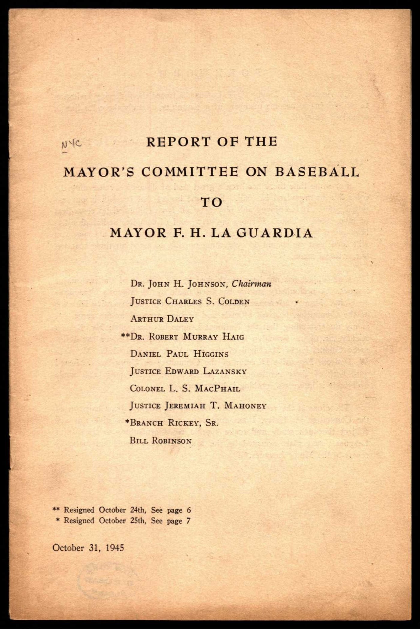 Report of the Mayor’s Committee on Baseball