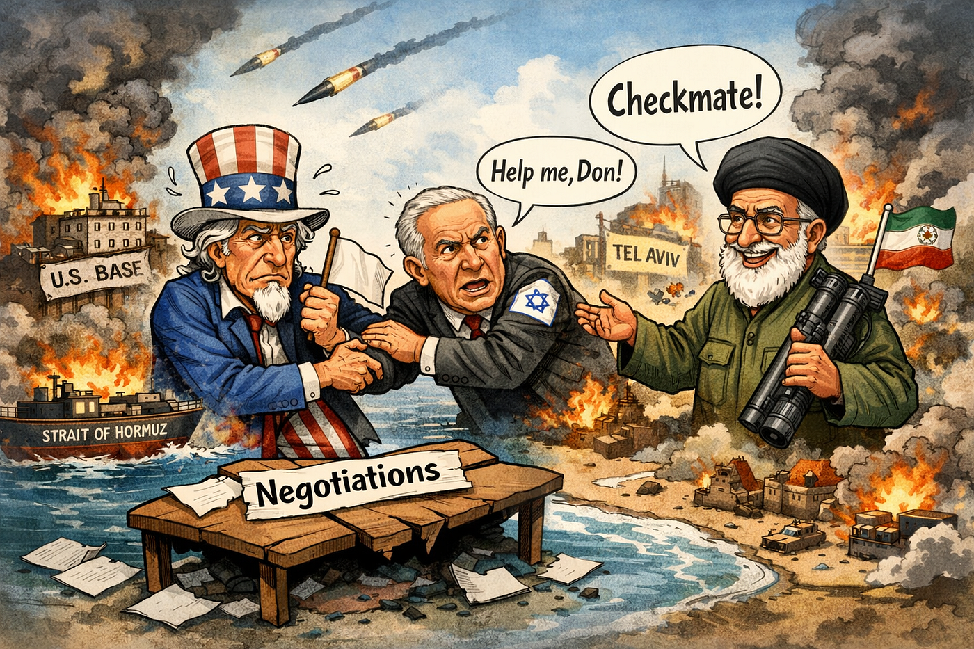 AI-generated image. Negotiations in Ruins: Uncle Sam shields himself as Netanyahu pleads for help, while Iran declares ‘Checkmate’ over a burning Gulf and besieged Israel.