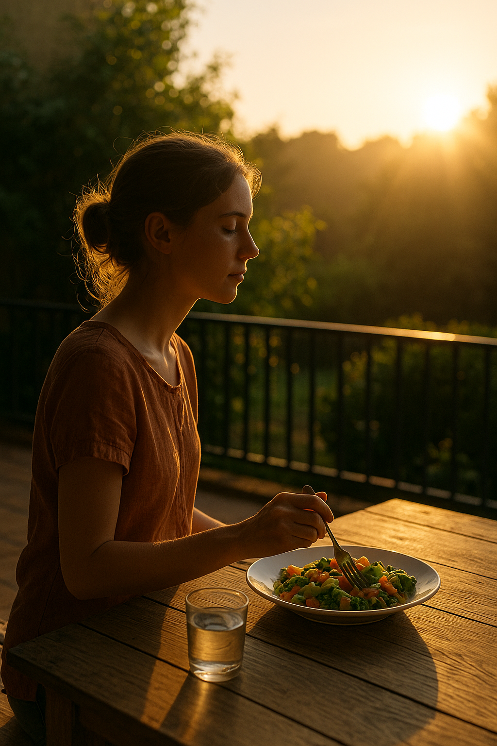 따뜻한 늦은 오후의 햇살 아래 야외에서 식사를 하는 여성은 낮 동안의 식사를 상징하는데, 이는 생체 리듬과 신진대사 건강을 지원합니다.<BR>