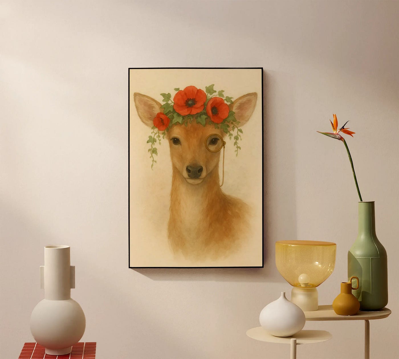 Whimsical Deer With Red Floral Crown — Vintage Watercolor Wall Art for Cozy & Elegant Homes