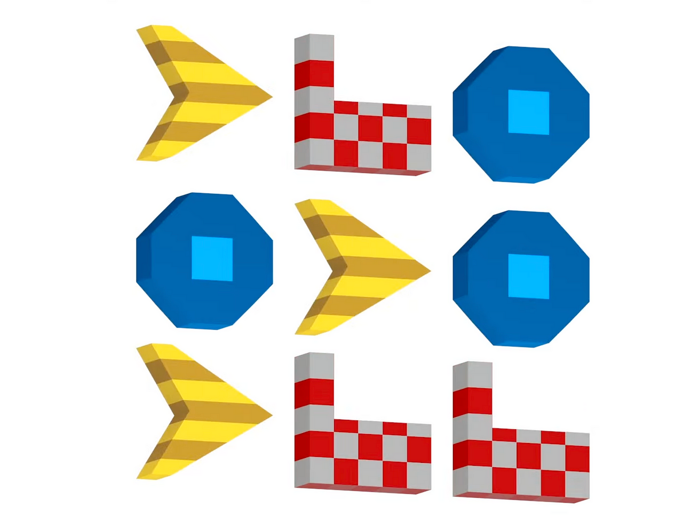 Three groups of objects placed at random. Each group with different shape, pattern and color as others.