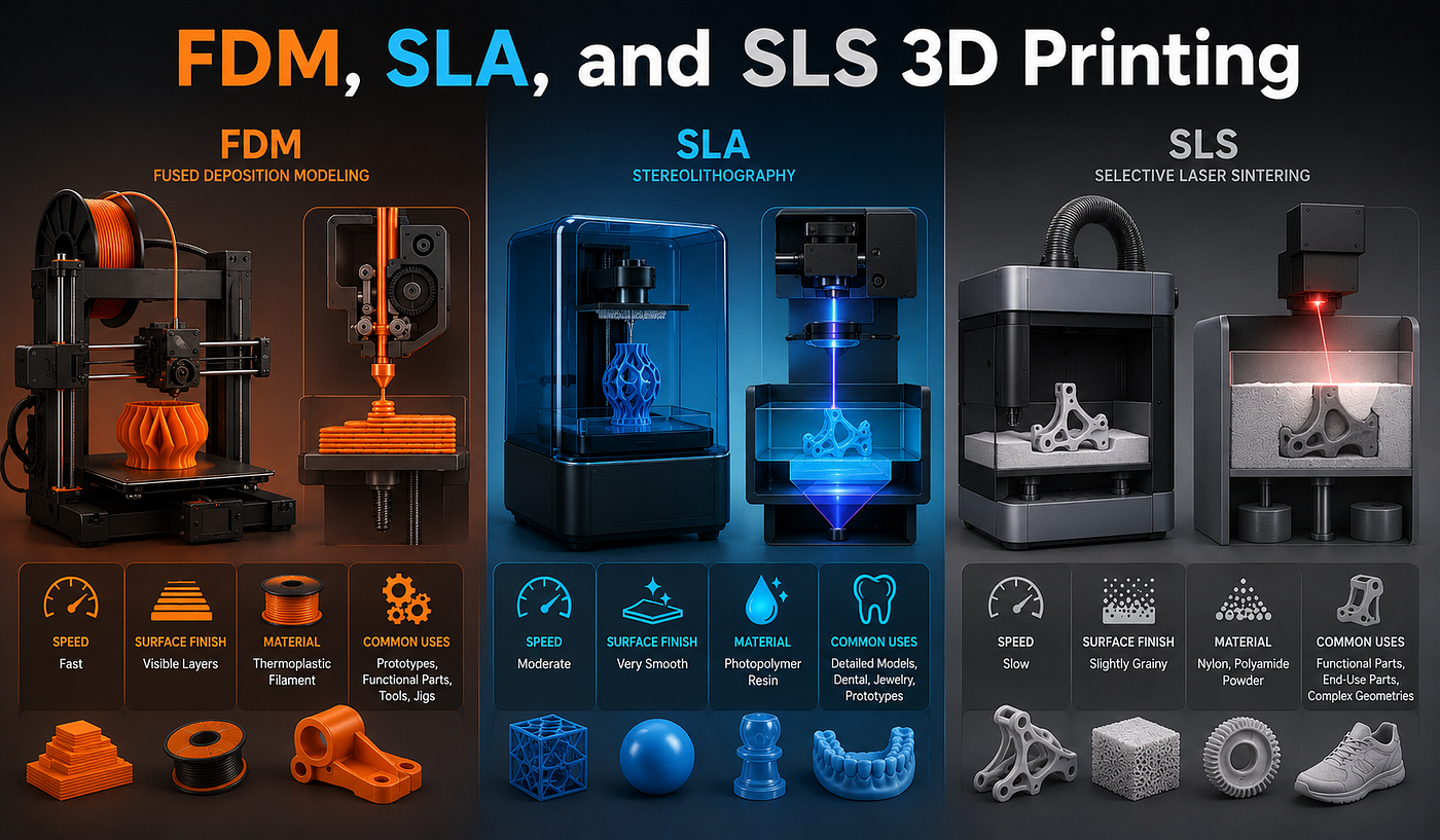 The Real Differences Between FDM, SLA, and SLS 3D Printing (Explained Simply)