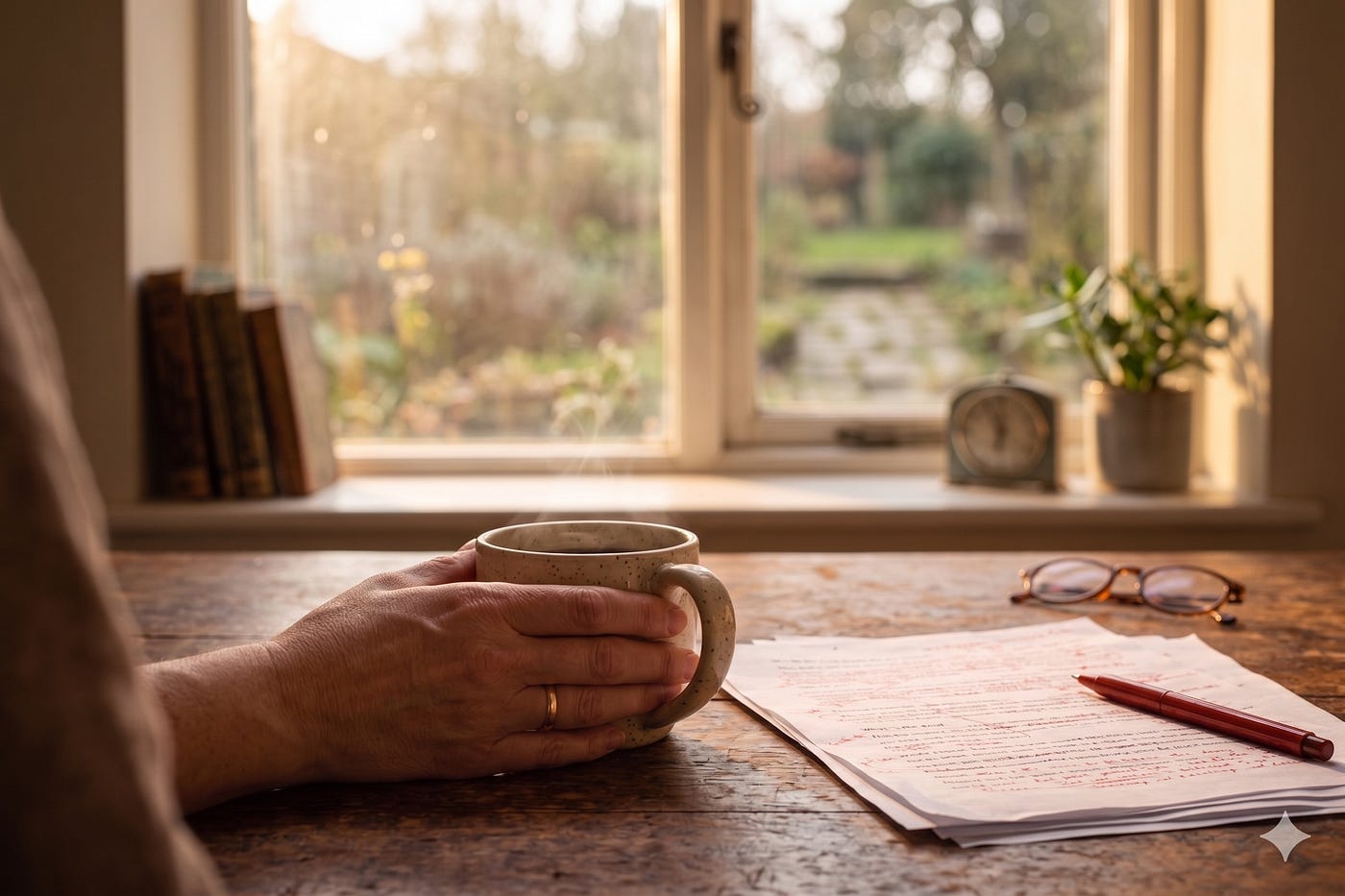 A writer’s desk at sunrise.