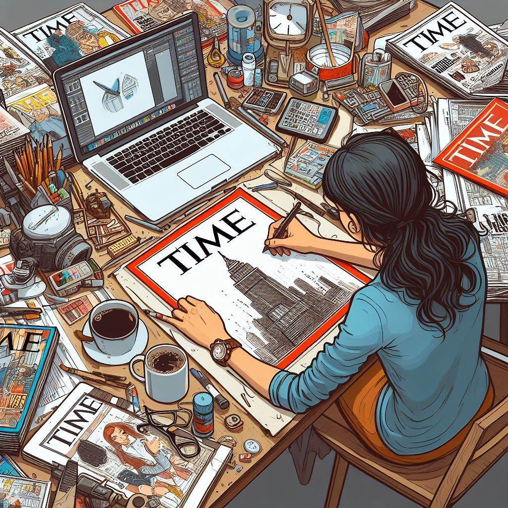 An illustrator drawing the cover of Time magazine.