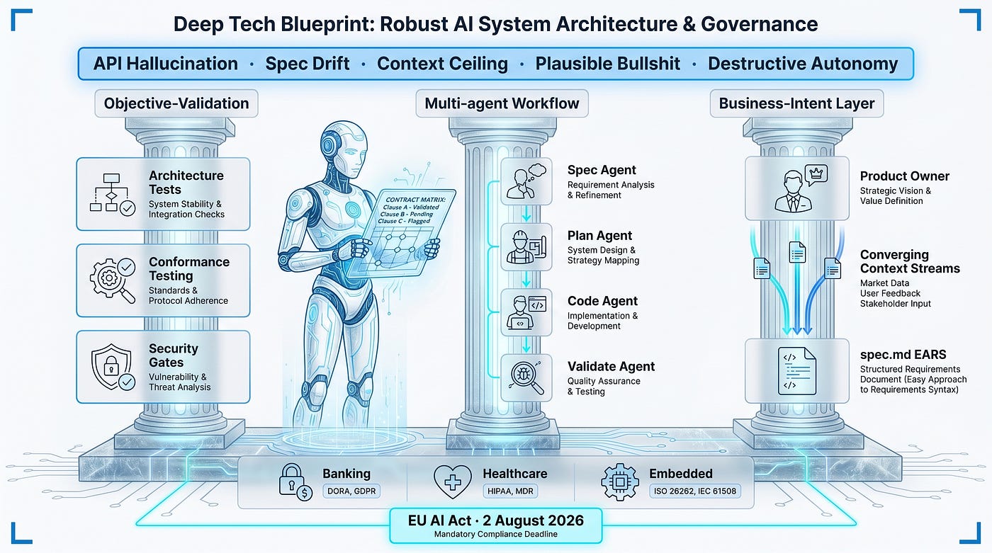 Three pillars blocking five LLM failure modes, foundation in regulated verticals, forcing function the EU AI Act August 2, 2026.