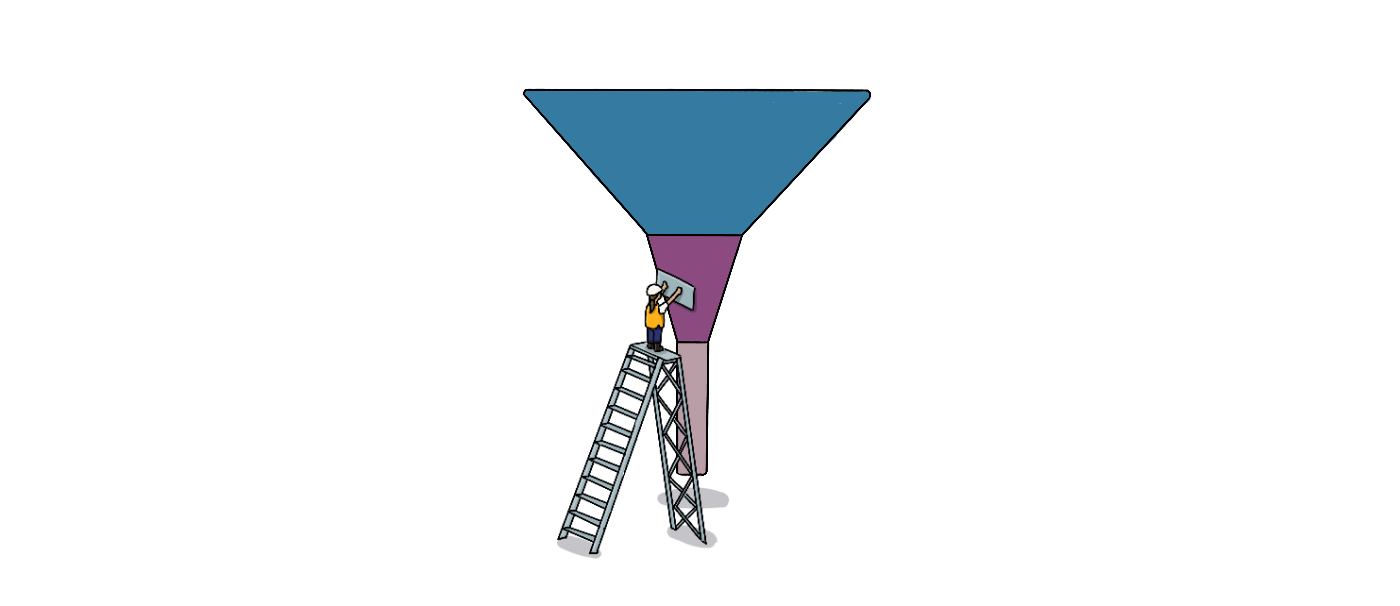 A drawing of a funnel diagram being repaired by a person on a ladder who is fixing the middle part of the diagram.