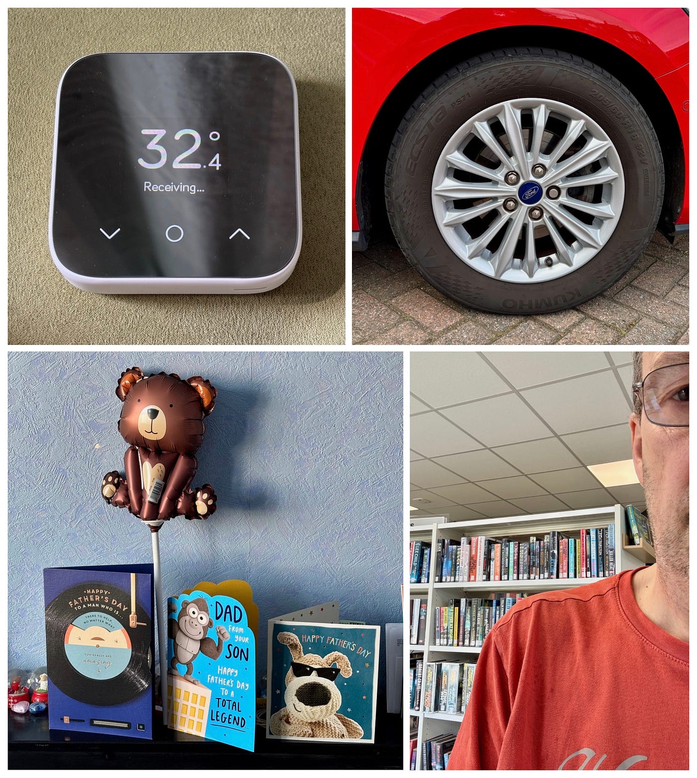 Today’s indoor temperature (32.4 °C). One of my old tyres. Father’s Day cards and a bear-shaped balloon. Hanging out in an air-conditioned library. Author’s photos