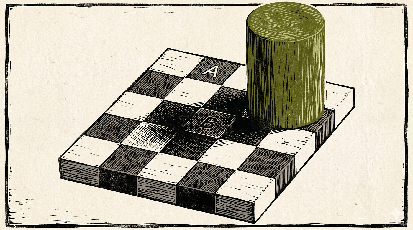 A Ilusão do Tabuleiro de Xadrez de Adelson, 1995. Os quadrados A e B têm o mesmo valor de cinza. O contexto de iluminação é o que você vê — nunca a cor absoluta. Imagem gerada pelo Gemini (Nano Banana 2.0).