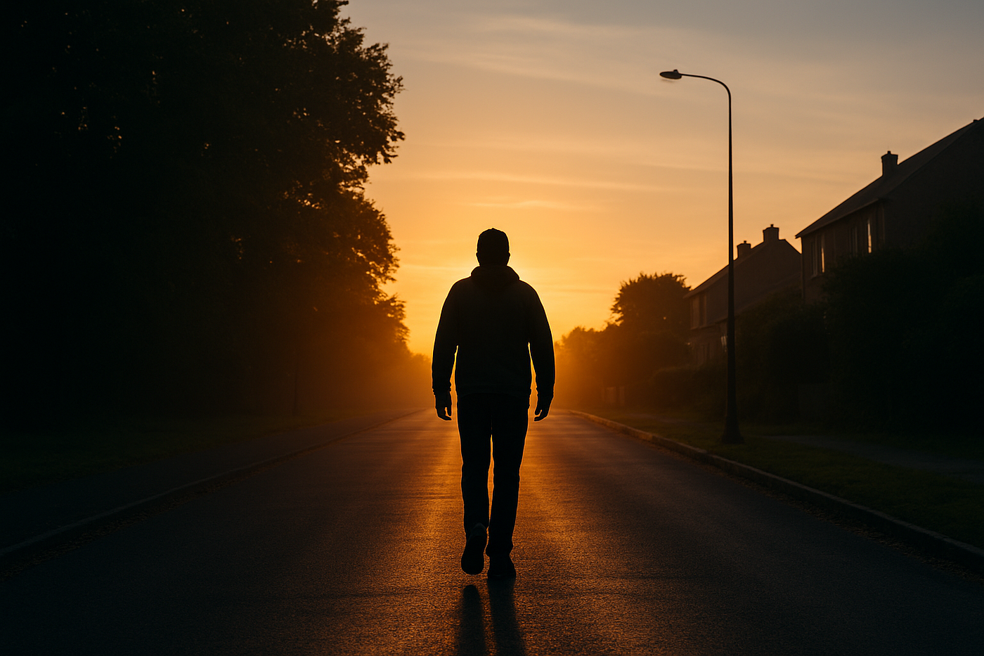 조용한 거리에서 일출을 보며 혼자 걷는 사람. 아침 햇살과 건강한 노화, 장수를 상징합니다.<BR>